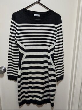 Calvin Klein Black & White Striped Long Sleeve Sweater Dress
